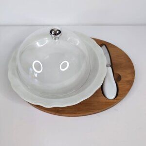 Vintage Japan Ceramic Wood Platter Knife Cheese Charcuterie Serving Set